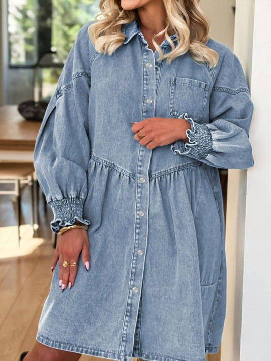 Lovesoft - Smocked Cuffs Flared Denim Shirt Mini Dress