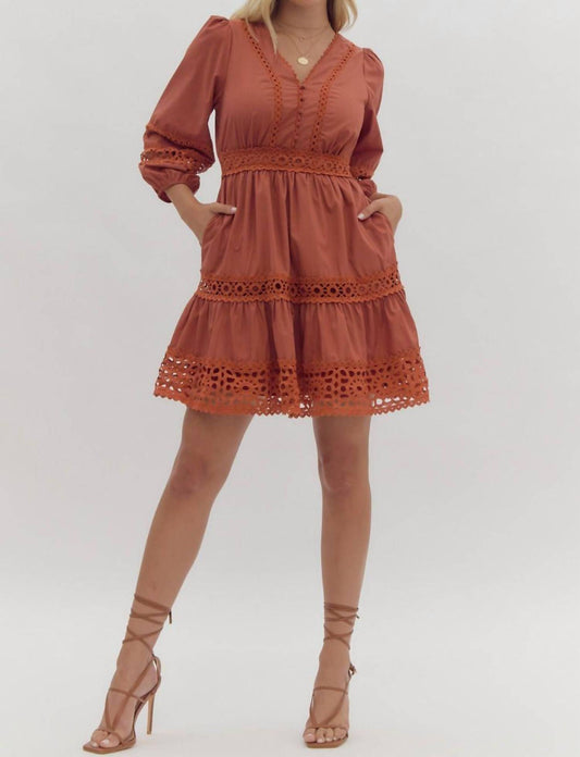 Entro - Rust Lace Inset Smocked Waist Short Dress