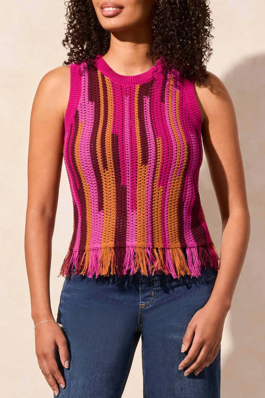 Tribal - Crew Neck Fringed Hem Sweater Cami