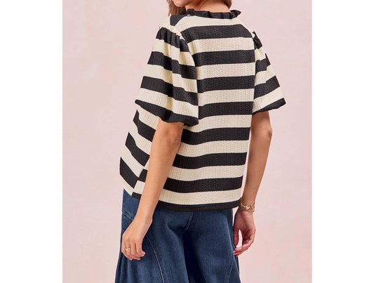 Bibi - Stripe Balloon Sleeve Ruffled V-neck Top