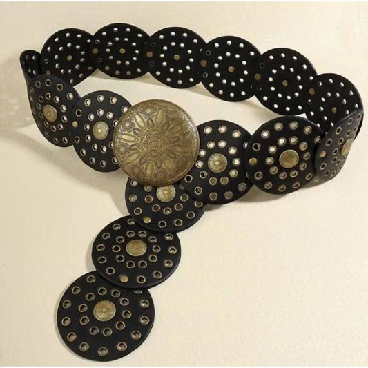 Fame Accessories - Women's Western Disc Belt With Antique Gold Conchos