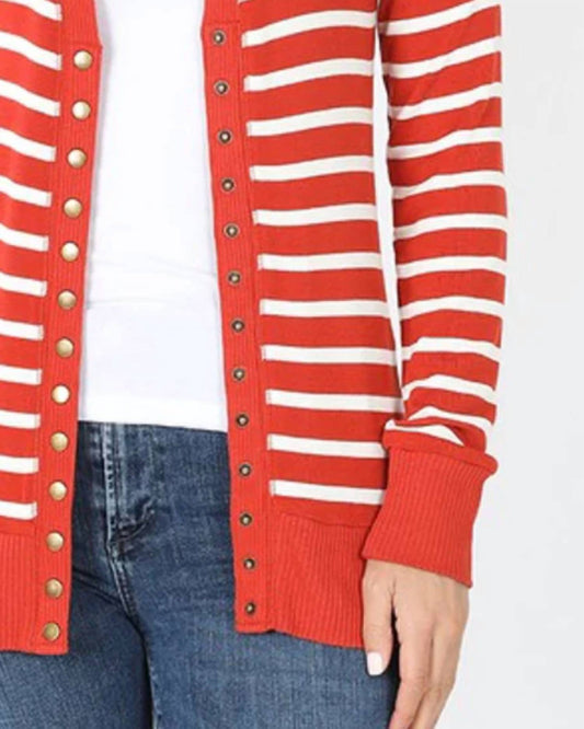 Zenana - Striped Snap Full Sleeve Cardigan