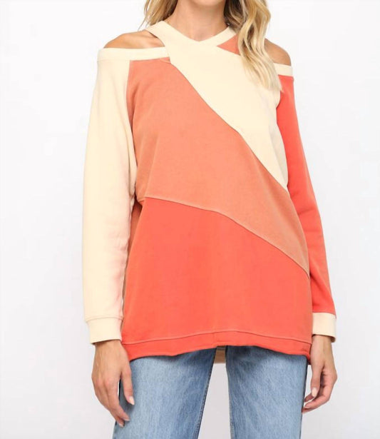 Poshture Finds - Washed Cotton Color Block Cold Shoulder Tunic Top