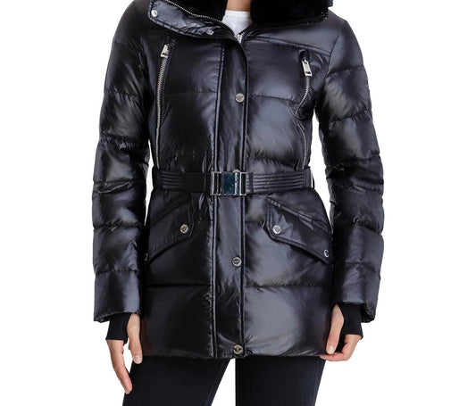 Belted Faux Fur Collar Quilted Coat Jacket
