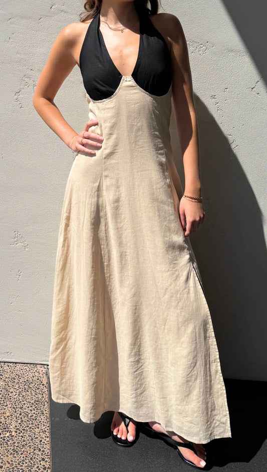Beige Botany - Linen Color Block Halter Dress