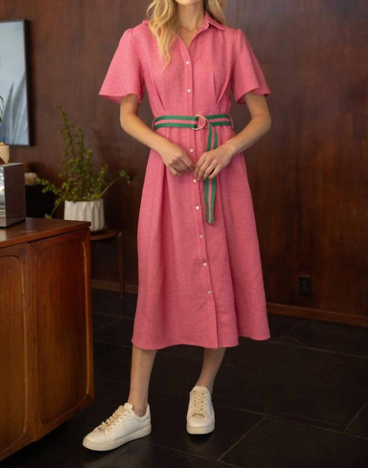 Voy - Short Sleeve Contrast Belt Tweed Dress