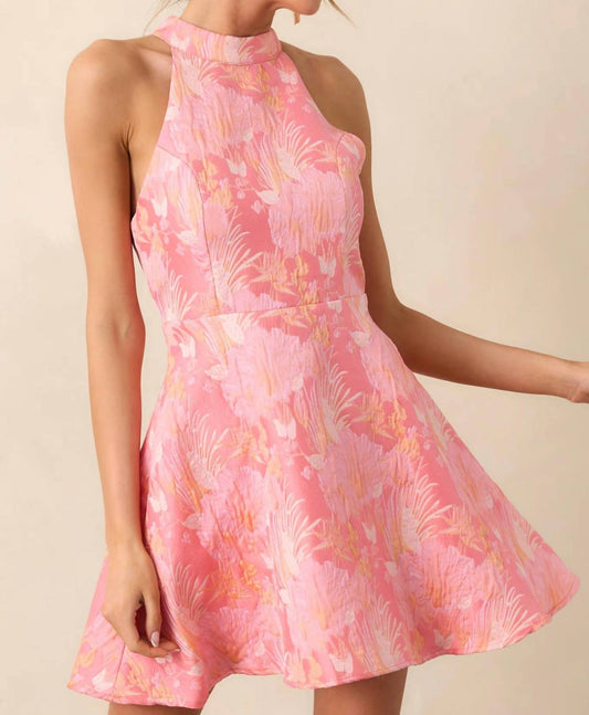 B.Right - Vibrant Floral Jacquard Halter Neck Dress With Ribbon Back