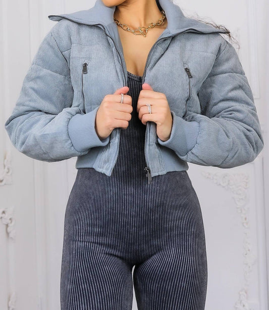 Surelymine - Keep Up With Me Crop Corduroy Full Zipper Puffer Jacket