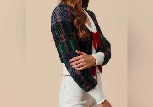 So Me - Velvet Bow Holiday Plaid Cardigan