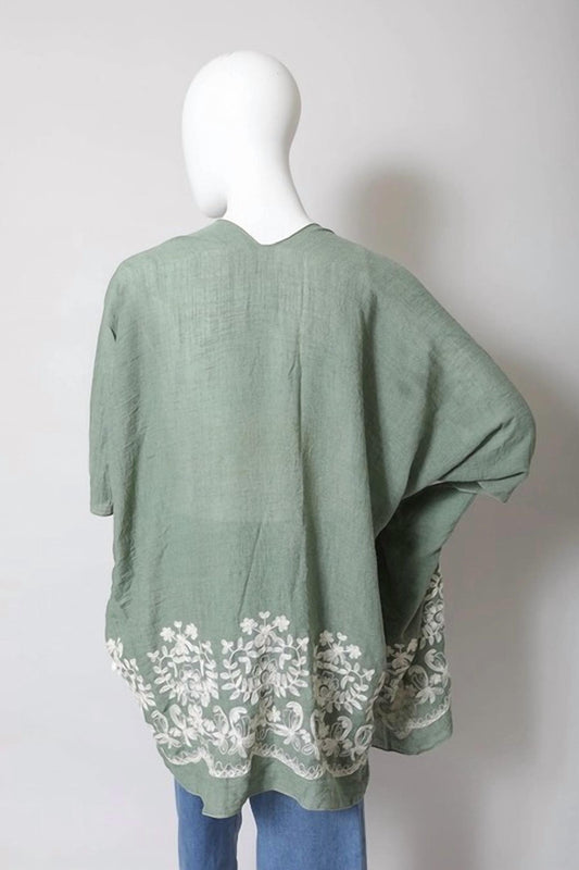 Leto - Women's Lightweight Floral Embroidered Tassels Boho Festival Kimono Wrap