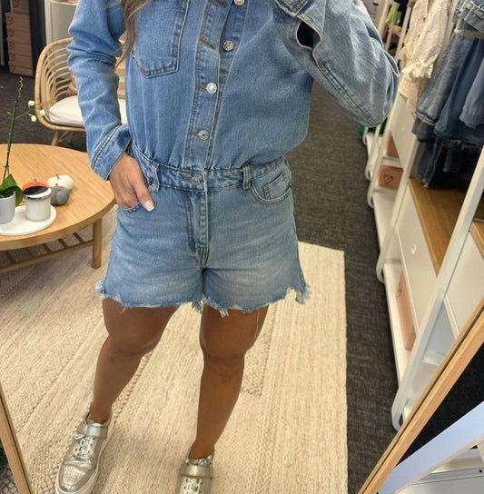Moda Borboleta - Long Sleeve Denim Romper