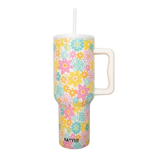 Katydid - Spring Retro Flowers Insulated Stainless Steel 38 Oz Tumbler with Handle