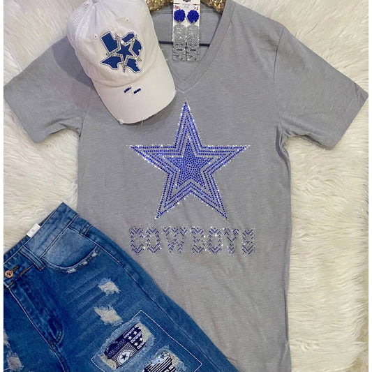 Crystallized By Sparkle - Women's Dallas Cowboys Rhinestone V-neck Tee