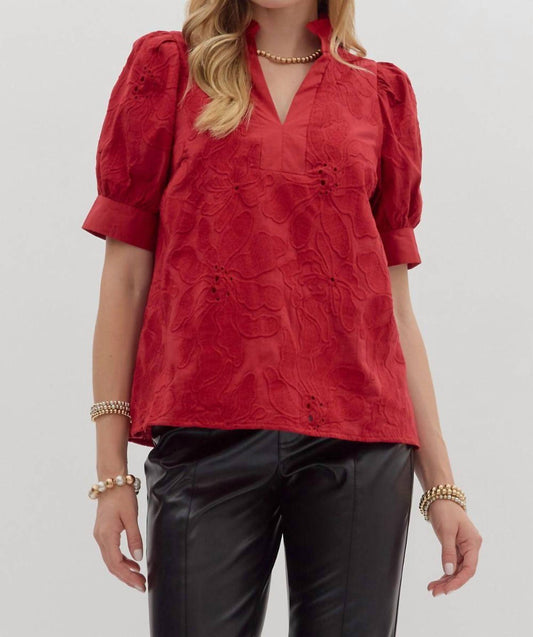 Entro - Bell Floral Embroidered Short Puff Sleeve Top