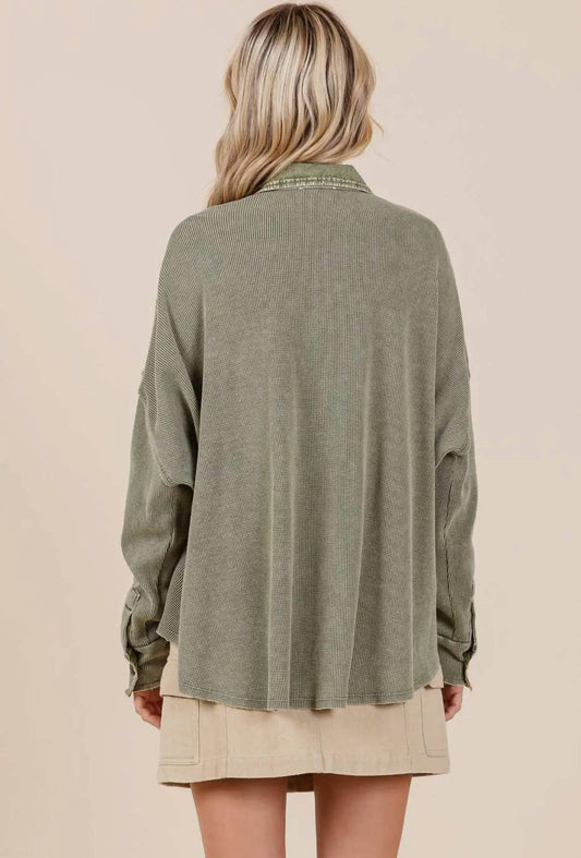 Mittoshop - Mineral Wash Waffle Knit Collared Henley Top