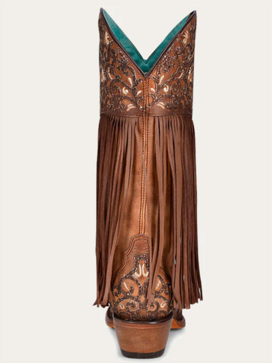 Corral - Women's Overlay White Embroidery Lamb Fringe Snip Toe Cowboy Boot