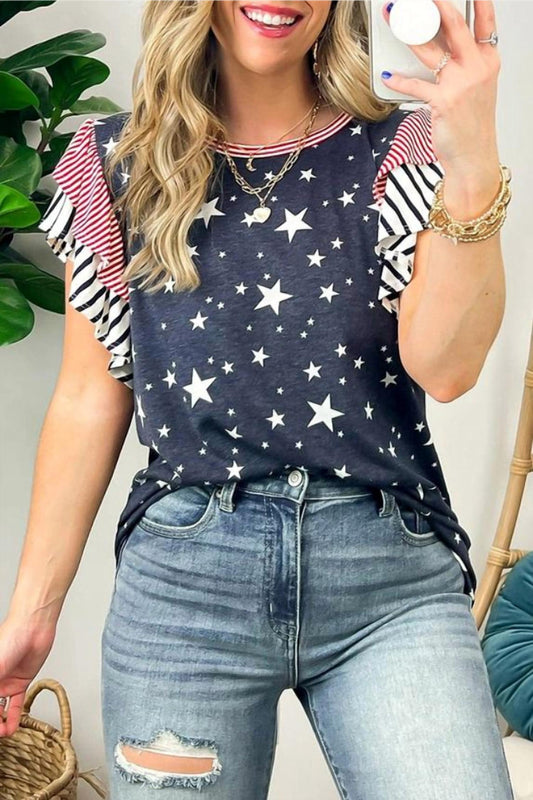 Lovesoft - Striped Ruffled Sleeve Star Print T Shirt