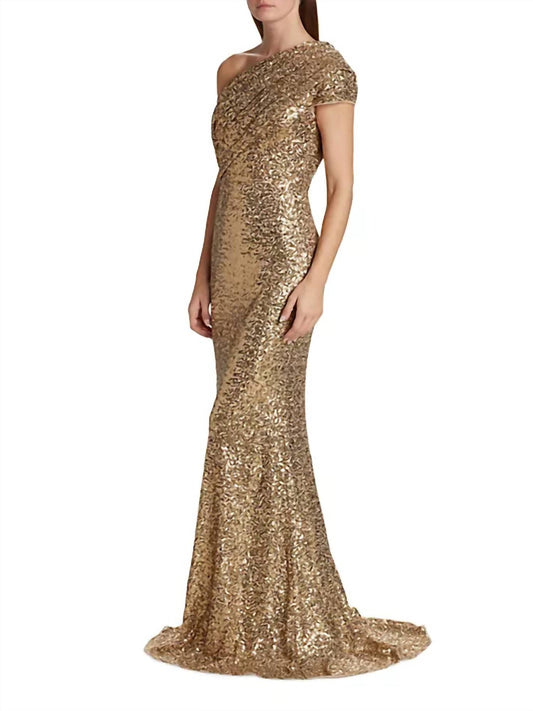 Badgley Mischka - Women's One-shoulder Draped Sequined Tulle Gown