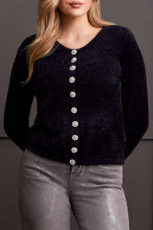 Tribal - Crystal Button Fluffy Knit Cardigan