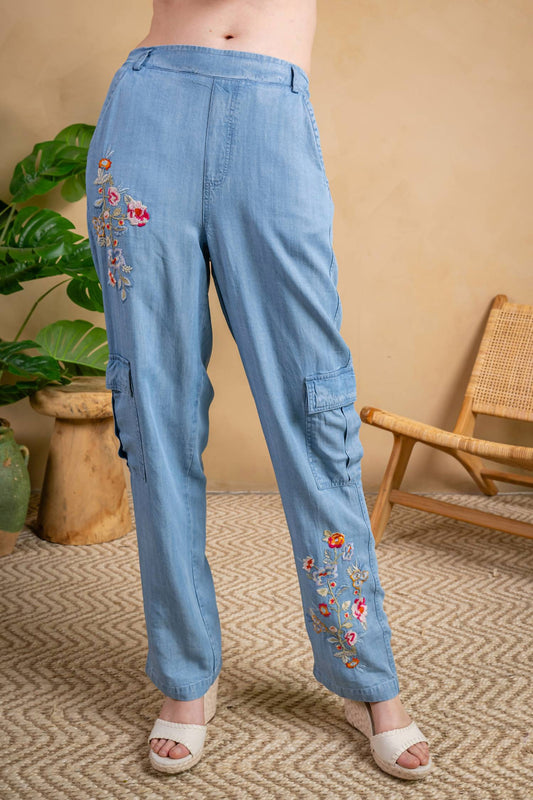 Paparazzi - Embroidered Denim Tencel Cargo Pants