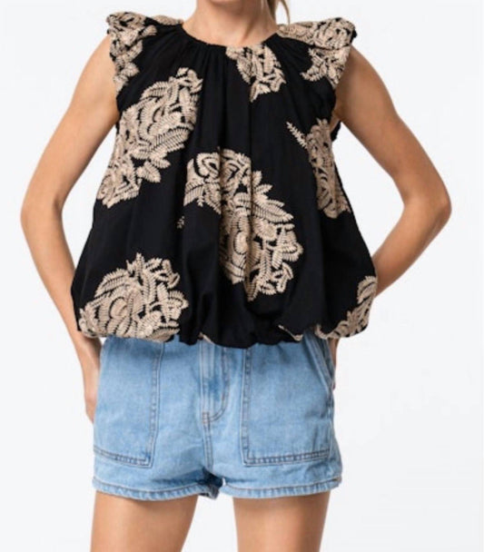 Ciebon - Embroidered Bubble Sleeve Blouse
