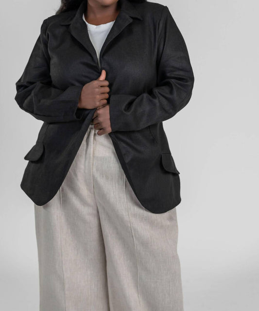 Adriana Contreras - Black Linen Long Sleeve Button Front Blazer - Plus