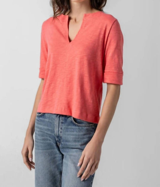 Lilla P - Women's Cuffed Sleeve Split Neck Top