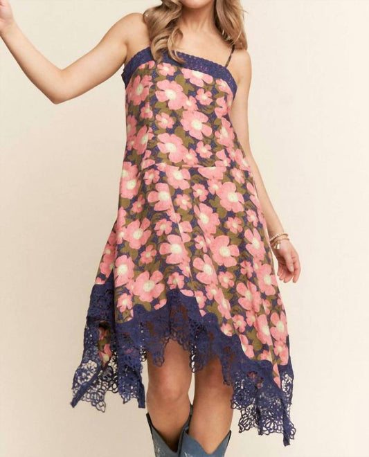J.Nna - Floral Print Lace Trim Midi Dress