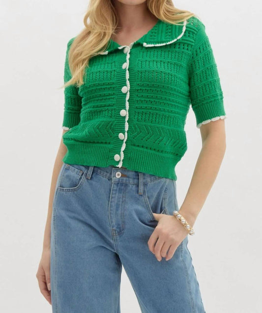 Entro - Solid Pointelle Sweater Knit Top