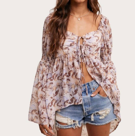 Listicle - Leaf Print Bell Sleeve Top