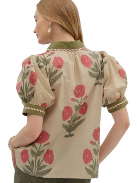 Entro - Floral Print Bubble Sleeve Top