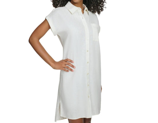 Calvin Klein - Women Linen Blend Button Front Midi Shirt Dress