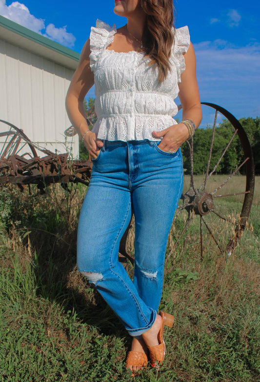 Mystree - Ruffle Shoulder Ruched Tank Top