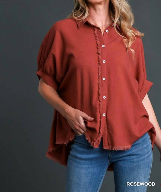 Umgee - Linen Blend Top With Frayed Placket