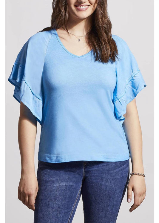 Tribal - Raglan Pop Over V Neck Double Frill Short Sleeve Top