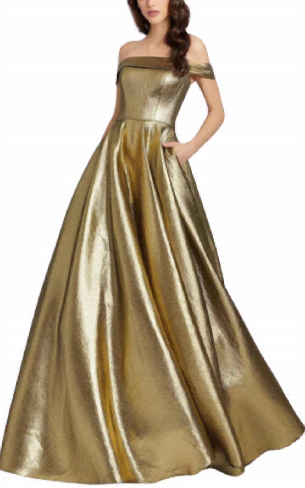 ieena for mac duggal gold dress Gold Metallic Pleated One Shoulder Gown