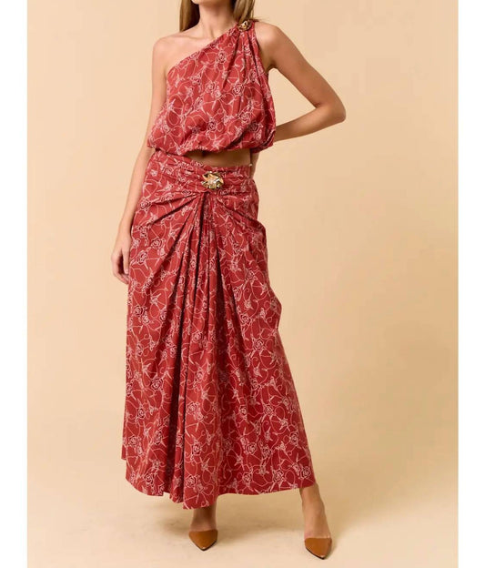 Lalavon - One Shoulder Bubbled Top And Shirred Maxi Skirt Set