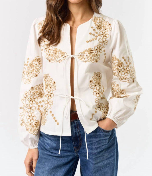 Lalavon - Floral Embroidered Front Tie Top