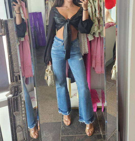 Miss Circle - Leather Tie Long Sleeve Crop Top