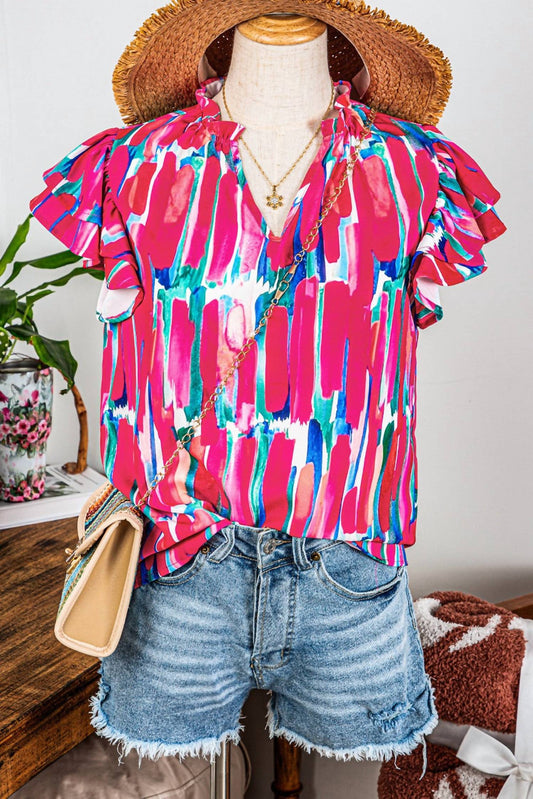 Fashionworks - Boho Abstract Brush Ruffled Sleeve Frill Blouse