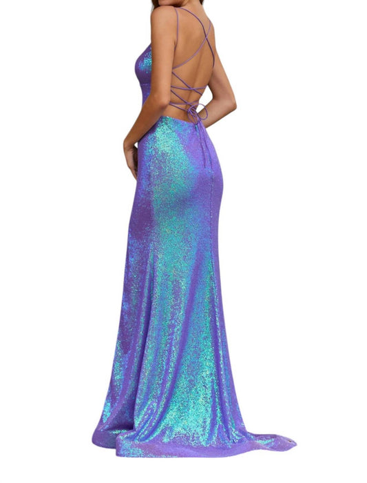 Amarra - Deep Neckline Iridescent Shiny Gown