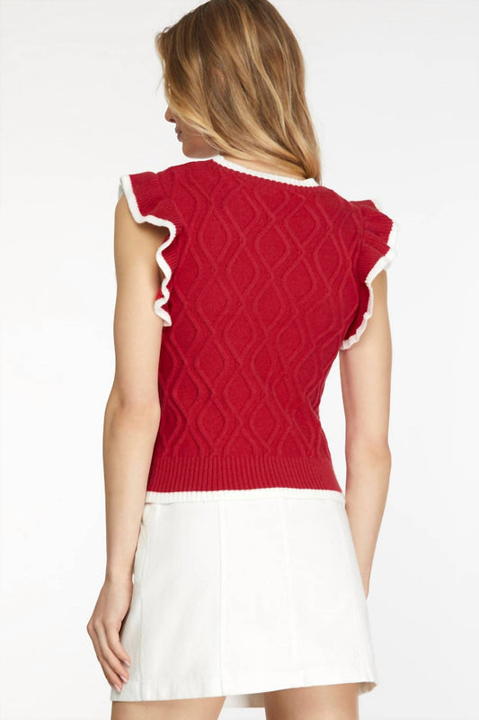 She + Sky - Game Day Ruffle Sleeve Cable Sweater Top With Contrast Edge