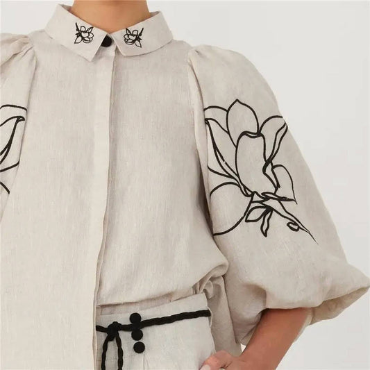 Uzwholesale - Casual Cotton Linen Floral Print Blouse