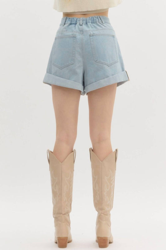 Entro - Women's Pleated Hi Waisted Denim Shorts