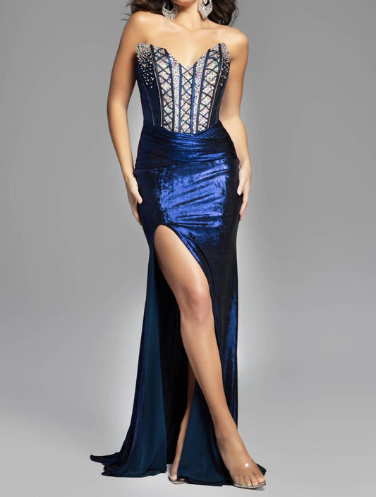Jovani - Off-shoulder Gown With Beaded Corset Bodice And Side Slit