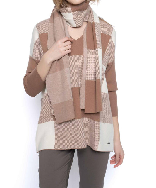 Picadilly - V-Neck Plaid Sweater with Scarf