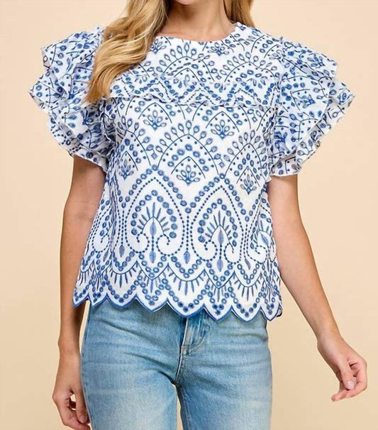 Tcec - Embroidered Eyelet Ruffle Sleeves Top