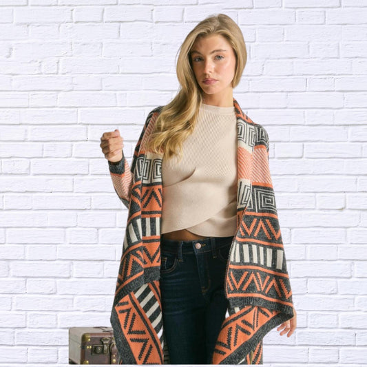 Davi & Dani - Printed Shawl Fringed Hem Cardigan