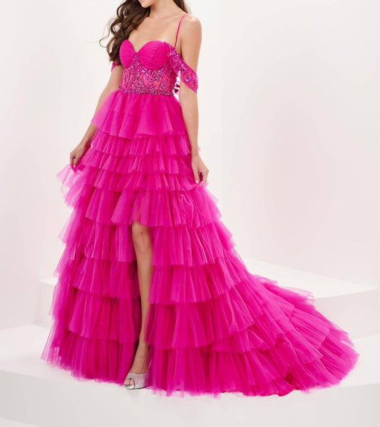 Tiffany Designs - Beaded Sheer Corset Ruffled Slit Gown