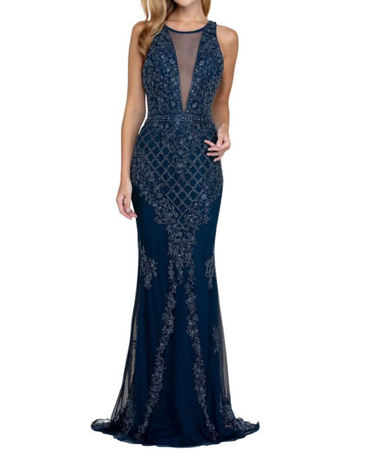 Scala - Embellished Plunge Neck Evening Gown